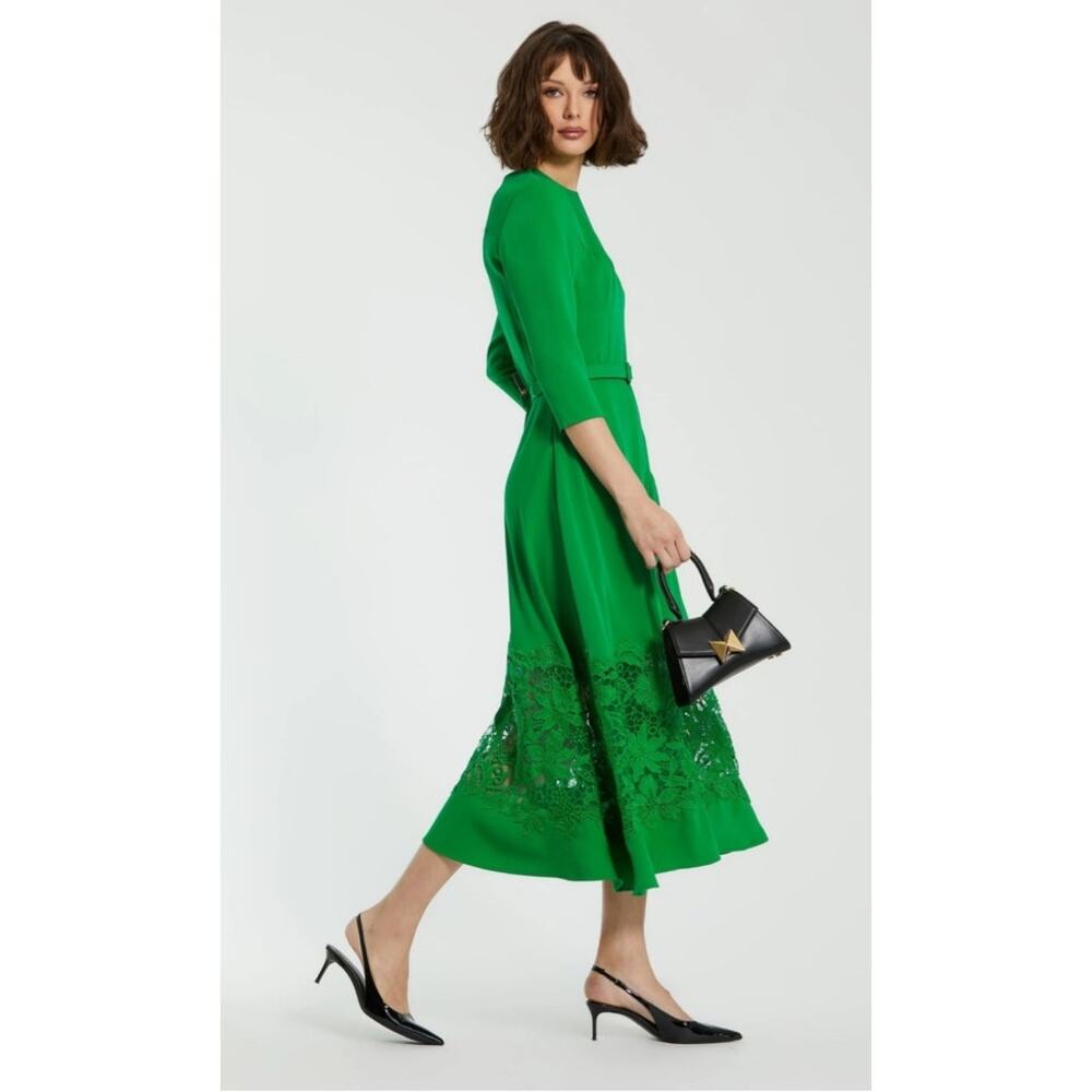 Mac Duggal XL Green Floral Lace Midi Dress $495 Crepe Boatneck Applique Cutout